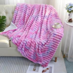 Super Soft Faux Fur Plush Throw Blanket, Rainbow Tie-Dye Pattern, Pastel Rose and Purpe, Decorative Cozy Blanket for Couch Bed, Gift for Women (Throw (49" x 63"),Rose and Purpe)