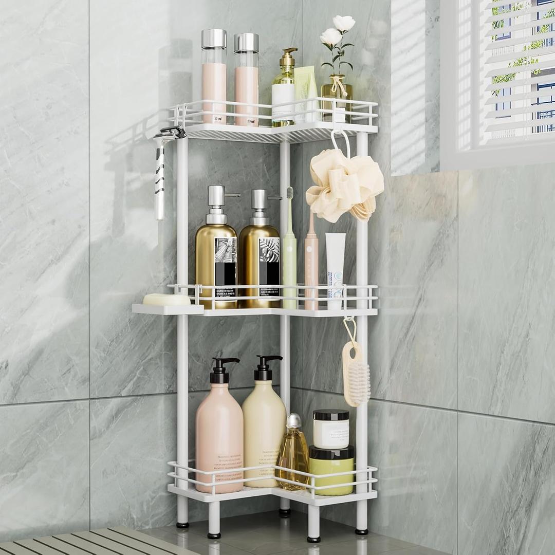 Consumest Corner Shower Caddy Stand - 3 Tier Rustproof Shower Organizer with Soap Holder & 4 Hooks, Large Capacity Corner Shelf Standing for Bathroom, Bedroom, White