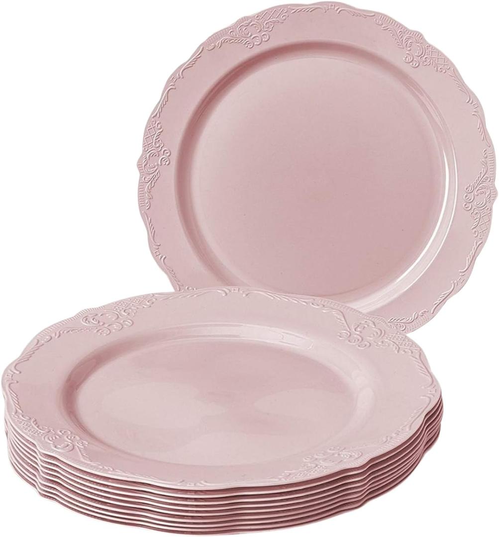 Silver Spoons Vintage Pink Plastic Dessert Plates Set of 10 – 7.5 Inch Party Plates with Scalloped Edges – Elegant Look for Tea Parties, Bridal Showers, or Everyday Use