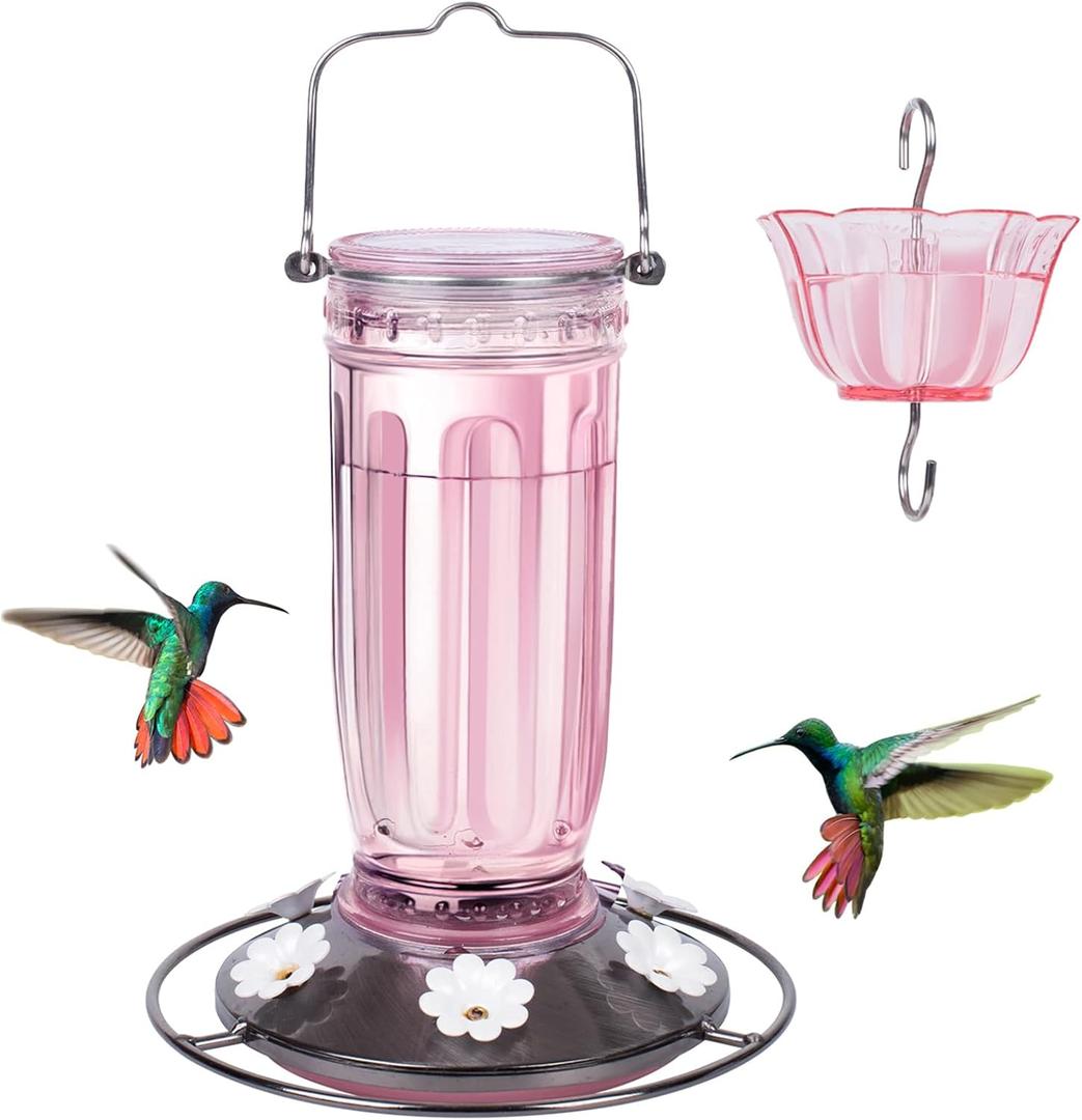 Kingsyard Glass Hummingbird Feeder for Outdoors Wild Bird Feeder with 6 Feeding Ports Hanging for Garden Yard, Pink (Ant Moat Included)