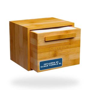 Clean Skin Club Luxe Bamboo Box with Drawer & Towels XL, Face Towel, Disposable Makeup Remover Dry Wipes, Facial Wash (Bamboo Container Drawer) (50 Count (Pack of 1))