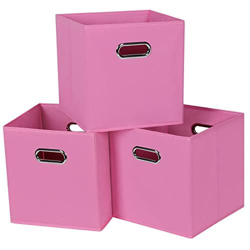 Yunkeeper Black Fabric Cubby Storage Bins,13x13x13 Inches ,Cube Organizer Bin Foldable Storage Boxes with Dual Handles Fabric Organizer Box and collapsible Storage basket,Set of 3 ,Pink