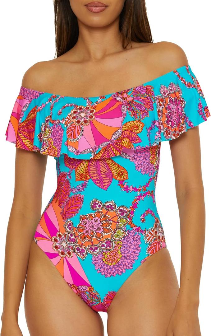 Trina Turk Women's Monaco One Piece Swimsuit, Off Shoulder, Bathing Suits (10, Meilani)