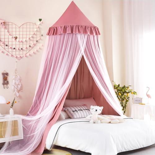 Kertnic Large Dome Bed Canopy for Kids Room Double Layer Mosquito Net, Hanging Play Tent Children Reading Nook Canopies, Princess Castle Dreamy Bedding for Girls Room House Décor (Dark Rusty-Pink)
