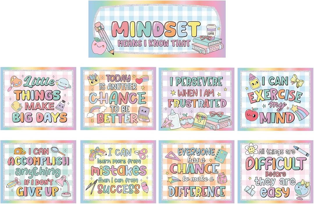 5 x Tosstuki 9 Pcs Large Pastel Gingham Growth Mindset Posters Pastel Gingham Classroom Bulletin Board Set Growth Mindset Back to School Bulletin Board Posters for Classroom Whiteboard Blackboard Decor, 23.6 x 9.8 inches, 11.8 x 9.8 inches