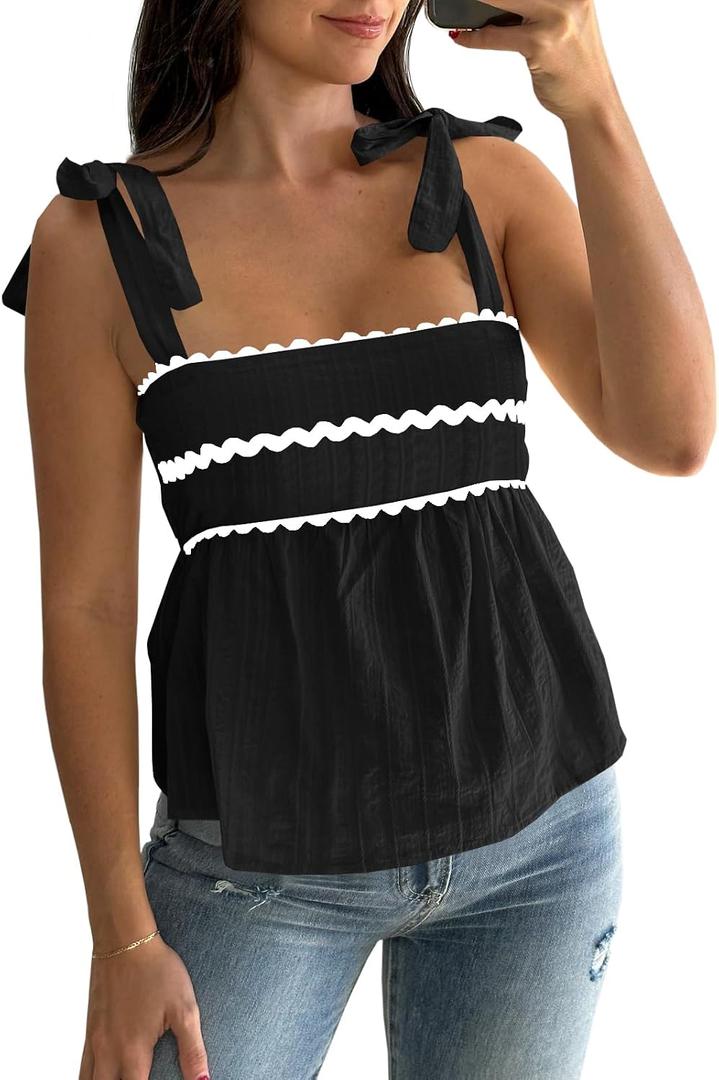 Tankaneo Womens Cute Tank Tops Summer Casual Peplum Babydoll Square Neck Tie Strap Backless Shirts, Size XL