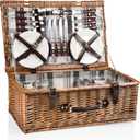 PICNIC TIME Newbury Picnic Basket for 4, Romantic English-Style Wooden Wicker Basket with Deluxe Service for 4, Fully-lined Interior, Leatherette Lid-locking Buckle, and Flat-lid Design