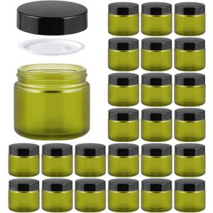 2oz Jars with Lids, HOA Kinh 24 Pack Green Frosted Glass Jars with Lids Empty Cosmetic Containers Round Airtight Glass Jar with Black Lids for Storing Lotions Powders Ointments