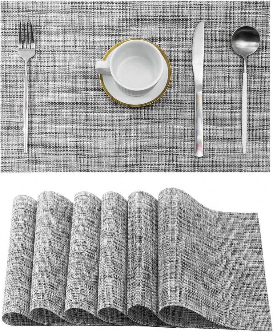 Leetaltree Linen Grey Placemats Set of 6 - Heat Resistant Non-Slip Place mats for Dining Table, Washable Durable PVC Vinyl Woven Table MatsLinen Grey, 6