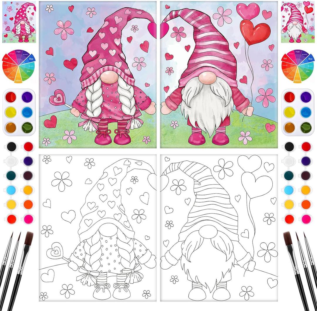 Feifeiya 2 Pack Couples Pre Drawn Canvas Paint Kit for Adults Valentines Sip and Paint Art Gifts Valentine's Day Theme Stretched Canvas for Couples Game Date Night Anniversary, 8'' x 10''(Gnome)