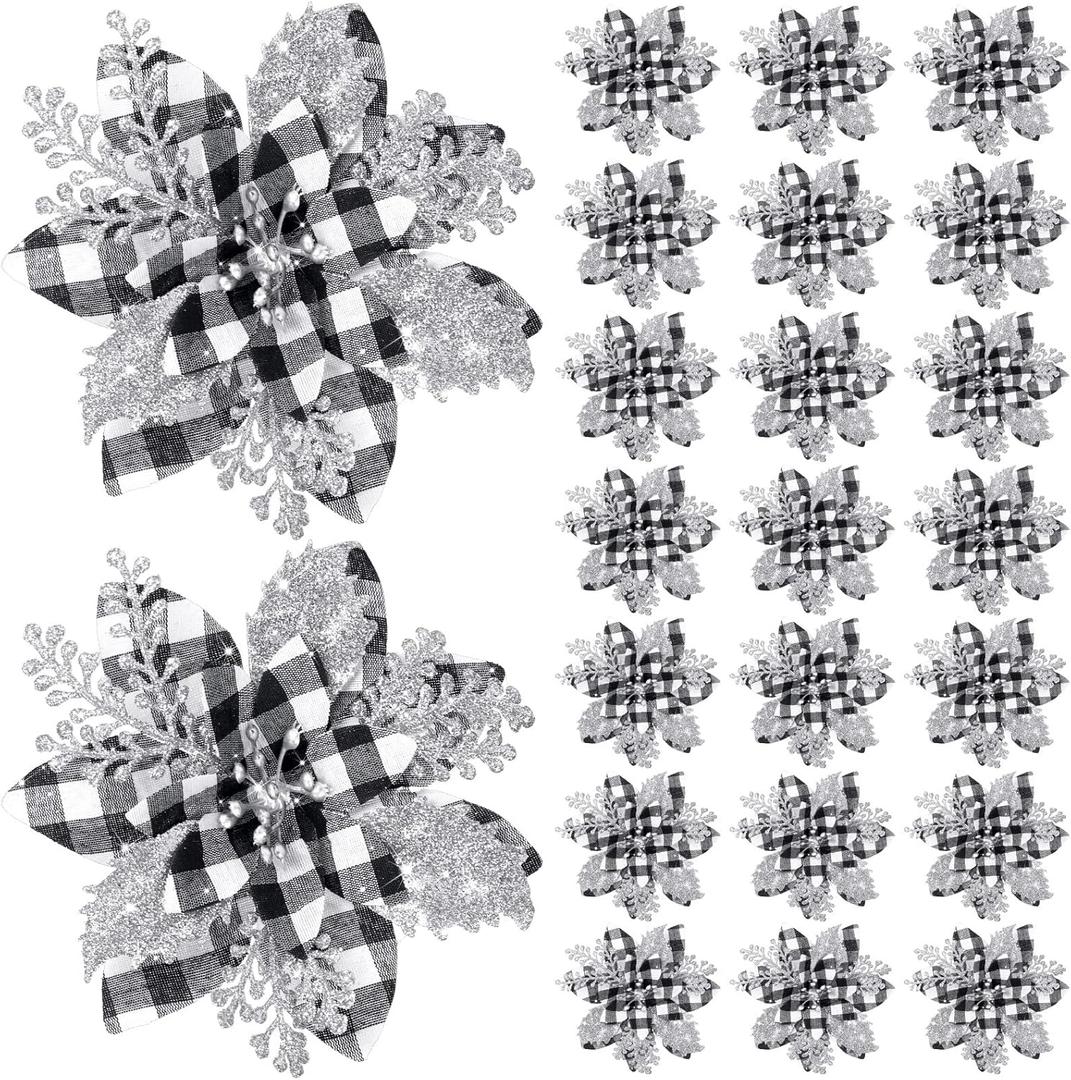 Canlierr 24 Pieces 5.7 Inch Christmas Poinsettia Flower Christmas Glitter Artificial Flower with Clips Xmas Tree Ornament for Wreath Garland Party Decor (Black and White Buffalo with Silver Petals)