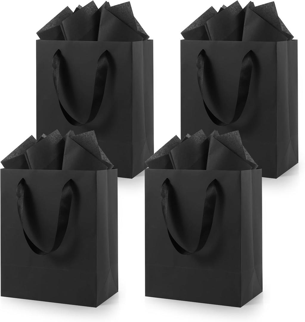 Epoesch Black Small Gift Bags with Handles and Tissue Paper, 8x5x10 Inch 4 Pack Paper Bags for Men, Women, Birthdays Party, Baby Showers, Weddings, Valentine's Day, Easter, Anniversaries (Black small - 4Pcs)