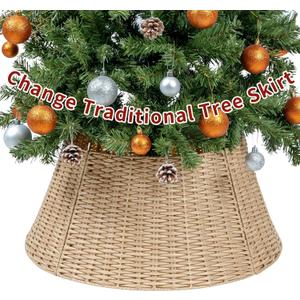 CubesLand Christmas Tree Collars, 22.83in Christmas Tree Skirt, Christmas Tree Decor, 4-Piece Handcrafted Plastics Wicker Christmas Tree Base Cover, Rustic Christmas Tree Ring, Fit 9-21in Stands, -Natural