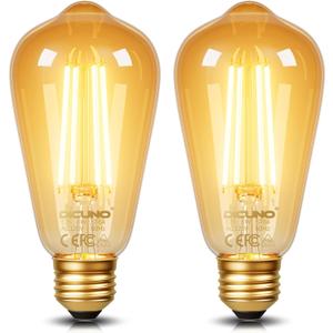 DiCUNO E26 Edison Bulbs 60W, 2200K Amber Warm, 6W LED Edison Bulb ST64, Amber Glass, Vintage LED Light for Home, 600LM, Non-Dimmable, CRI 80, Pack of 2