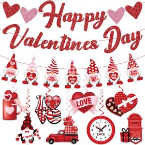Biswiter Valentines Day Decorations, NO-DIY Party Decorations Includes Glitter Happy Banner, Supplies Hanging Swirls, for Office