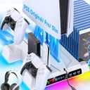 PS5/ Slim/Pro Stand for Disc & Digital Console, PS5 Cooling Station with Dual Controller Charging Station for PlayStation 5 Console, 3-Level Fan PlayStation 5 Controller Charger Accessories Stand (White)