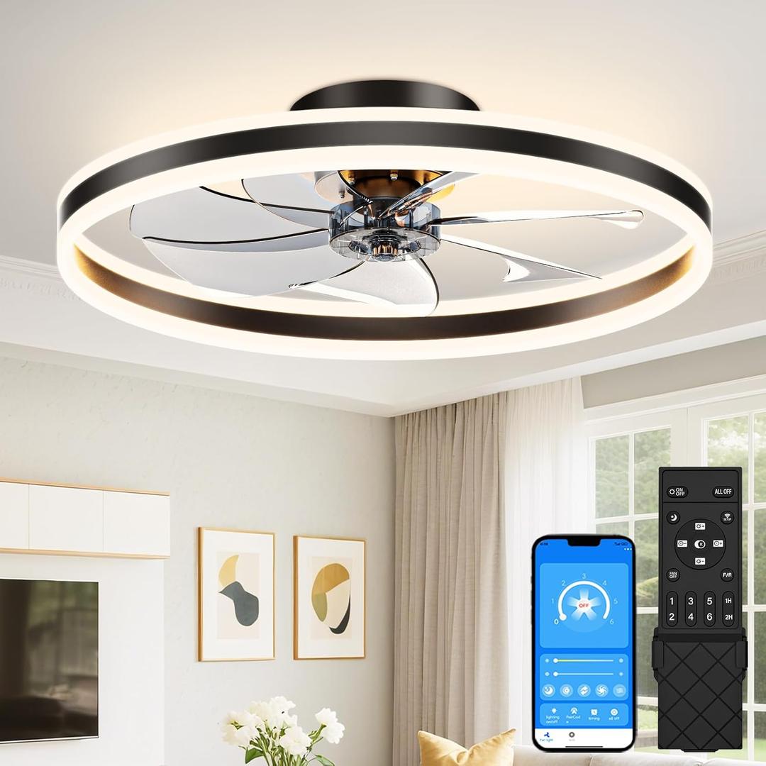 VOLISUN Low Profile Ceiling Fans with Lights and Remote, 27.6in Flush Mount Ceiling Fans with Light, 3000K-6500K Dimmable Fandelier LED Fan Light, Black Bladeless Ceiling Fans with Lights for Bedroom