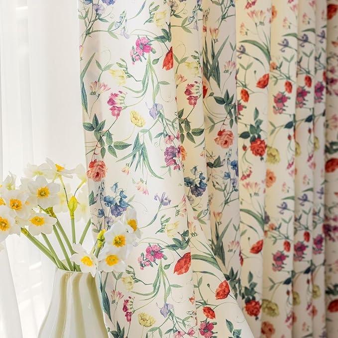 SUOUO Colorful Floral Curtains for Living Room Chenille 96 Inches Long 2 Panels Patterned Red Yellow Wildflower Botanical Light Filtering Window Drapes for Dining Bedroom, Size: 52W x 96L inch (2 Panels)