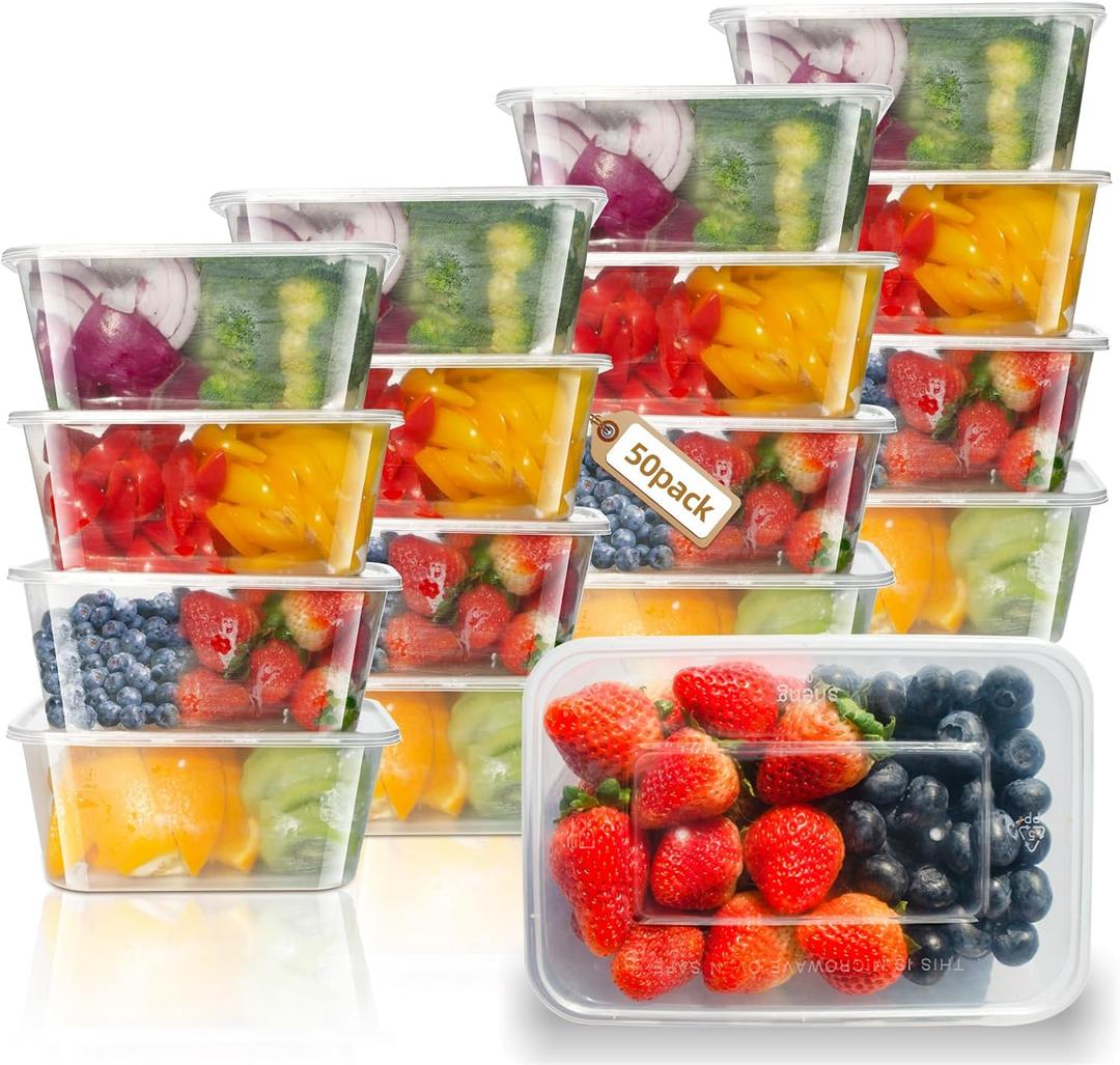 50pk 32 oz Disposable Food Containers with Lids, BPA Free 32oz Meal Prep for salad dessert sandwich noodles,Bento Box To Go 1000ml for Gym Office