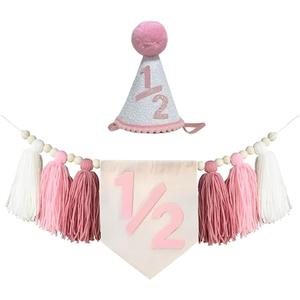 Pink Half Birthday Decorations for Girl Pink Boho Handmade 1/2 High Chair Banner with Cone Hat for Girl 1/2 Birthday Wall Hangings Decorations