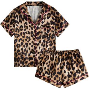 BEAUDRM Women's 2 Piece Satin Pajama Set Leopard Button Front Short Sleeve Cheetah Collar Shirt and Shorts Sleepwear Set Pjs Brown XX-Small