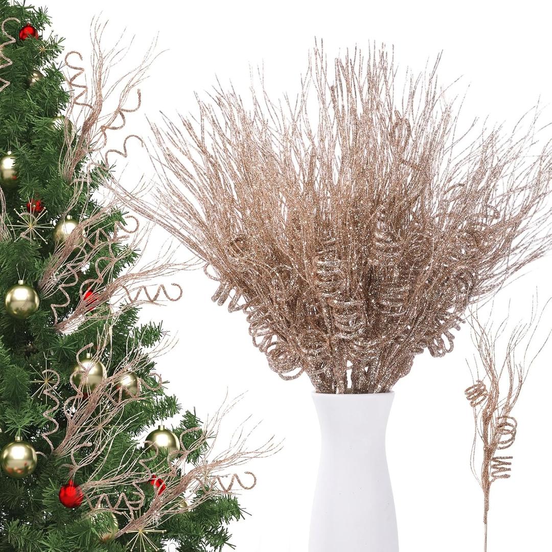 Suncalla 24 Pcs 16.5 Inch Christmas Tree Picks Glitter Artificial Curly Sprays Christmas Floral Stems Branches for Xmas Tree Sticks Garland Ornaments Vase Filler Decorations (Champagne)
