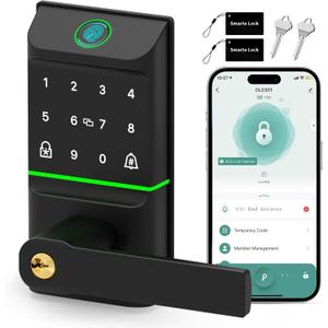 Smart Lock Keyless Entry, 6-in-1 Biometric Deadbolt w/Fingerprint, Keypad, IC Card, APP, Key, Type-C Charging, IP565 Weatherproof, Bluetooth, Doorbell & Auto-Lock for Front Door Home Security