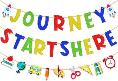 Pre-Strung Happy First Day of School Banner - Colorful Glitter Back to School Sign Theme Garland Bunting Banner for Classroom Decor 3 Pack