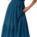 PRETTYGARDEN Women's Summer Floral Boho Dress Wrap V Neck Short Sleeve Ruffle A-Line Flowy Maxi Wedding Guest Dresses (Solid Lake Blue, X-Large)