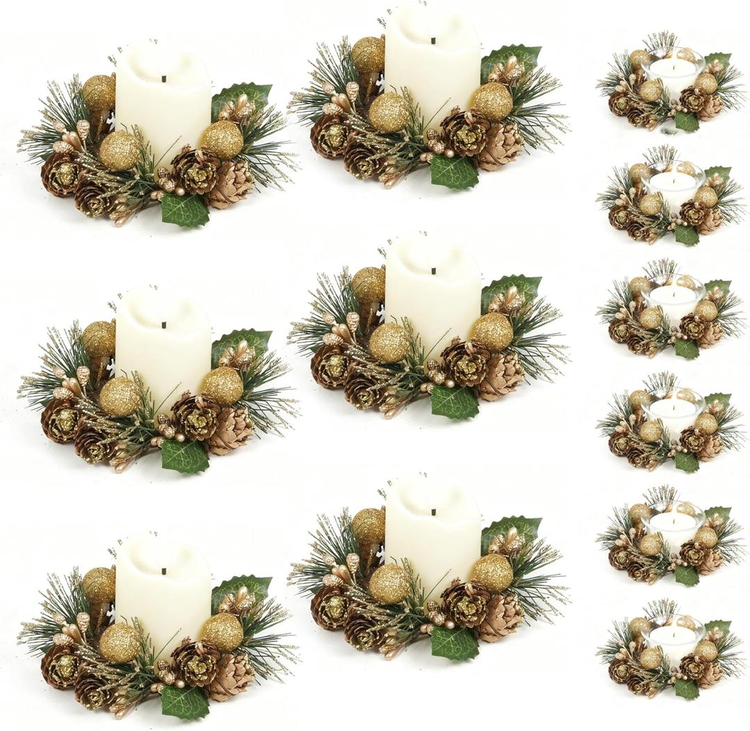 6Pcs Christmas Candle Rings Wreaths, Small Christmas Wreath with Glasses and Plastic Candles with Snowy Pinecone&Red Berry, Mini Candle Holders for Table Centerpiece (Green)