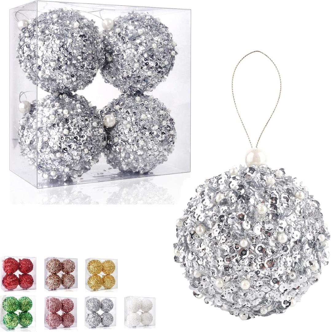ZHANYIGY 4.25" Silver Shatterproof Christmas Ball Ornaments, 4pc Set for Xmas Trees and Holiday Decor