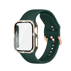 Compatible with Apple Watch Band and Case 38mm 40mm 41mm 42mm 44mm 45mm Women, Soft Silicone Bands and Bling Diamond Case & Glass Screen Protector for iWatch Series 9 8 7 6 5 4 3 2 1 and SE