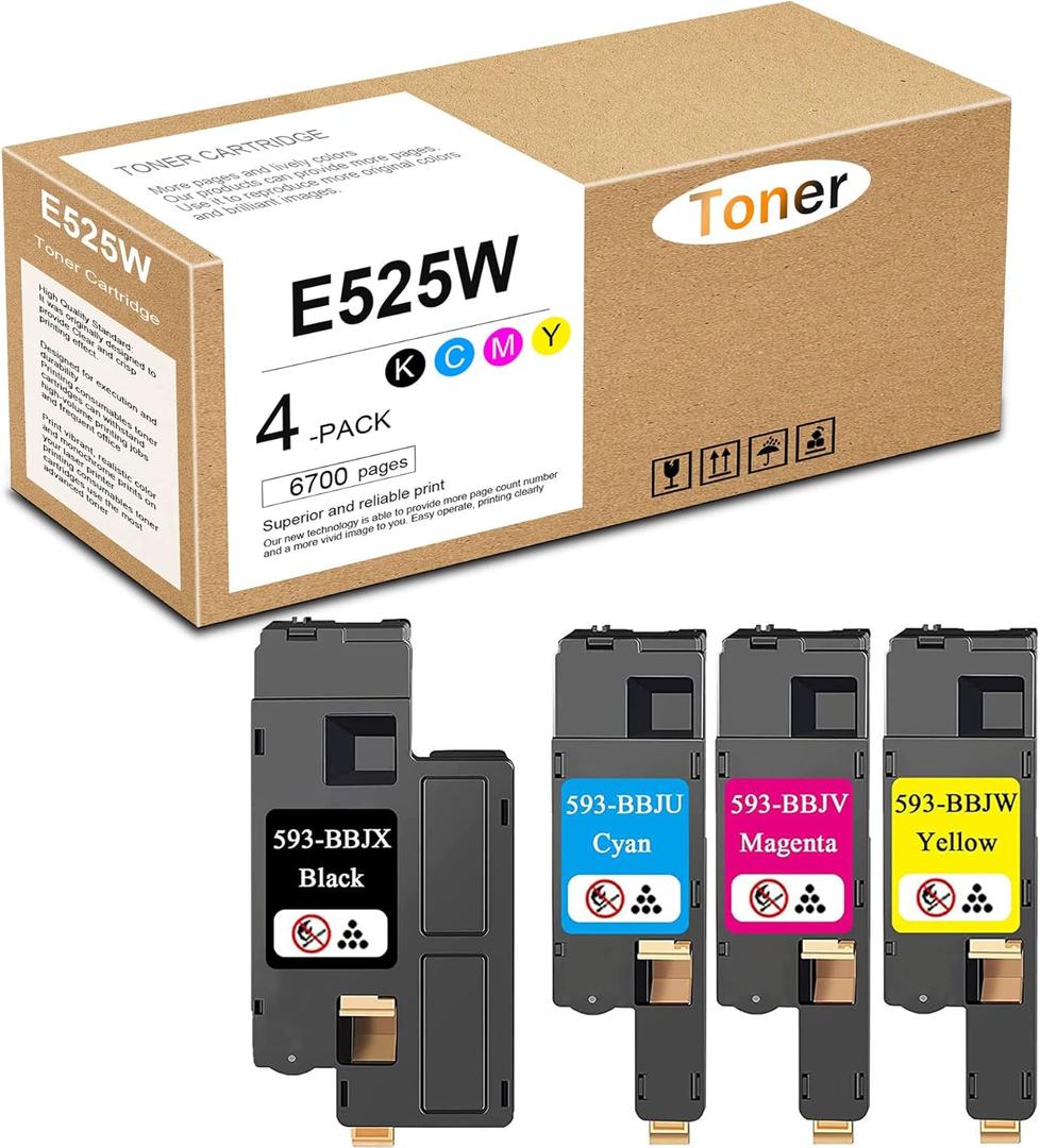 E525W Toner Cartridges Black Cyan Magenta Yellow Replacement for Dell 593-BBJX 593-BBJU 593-BBJV 593-BBJW E525 E525W Printer Ink, 4 Pack(1BK/1C/1M/1Y)