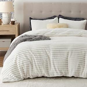 Bedsure Fluffy Duvet Cover Set - Ultra Soft Plush Shaggy Comforter Cover Queen Size, Warm Flannel Fleece Bed Sets for Winter, 3 Pieces (Striped Pattern, Coconut White)