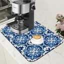 Dish Drying Mat Blue Portuguese Tiles Coffee Bar Mat for Countertop Absorbent Rubber Backed Hide Stain Dish Drainer Rack Pad Espresso Machine Cafe Table Dining Room Decoration 11.8 x 19.7 Inch