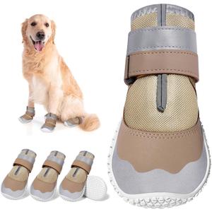 DcOaGt Dog Shoes Medium Size Dogs,Mesh Breathable Dog Boots & Paw Protectors for Hot Pavement Summer Winter Snow, 360Anti-Slip Dog Booties with Reflective Strips for Hiking/Walking,Khaki 4PCS(Size 4)