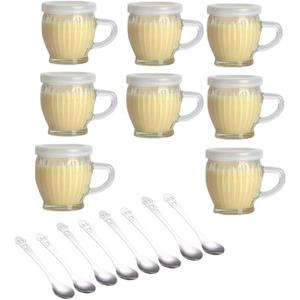 8 pack of 4 oz Wide Mouth Crystal Jelly Cup with Handle Lids(PE) and Spoons,Airtight Clear Glass Pudding Yogurt Jars,For Preserving Food,Each Mini Jar Suitable for Freezer, Microwave and Oven