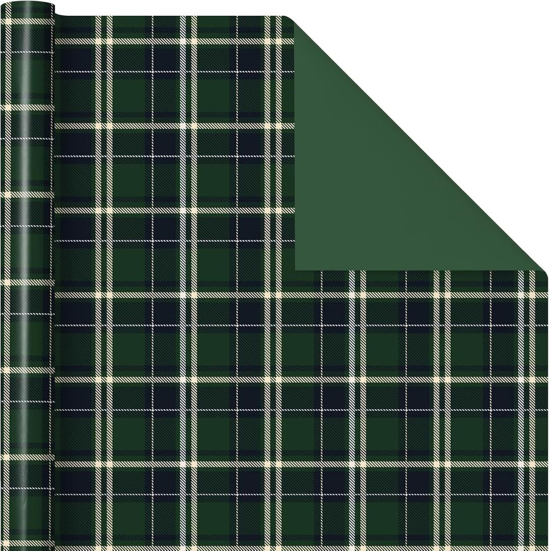 RUSPEPA 30" X 100' Reversible Christmas Wrapping Paper Large Paper Roll, Jumbo Roll, Dark Green Plaid Tartan and Solid Green Double Sided Gift Wrap Paper for Holiday, Xmas Party, Family Gathering