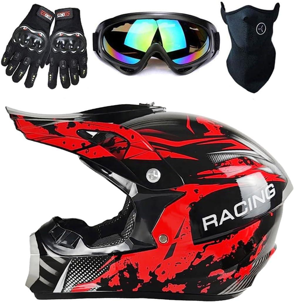 Youth Kids Dirt Bike Helmet, Motocross Off Road Motorcycle ATV UTV Street Bike Casque Casco Combo Gloves Goggles Mask (4Pcs Set), DOT Approved (Large, Red Camo)