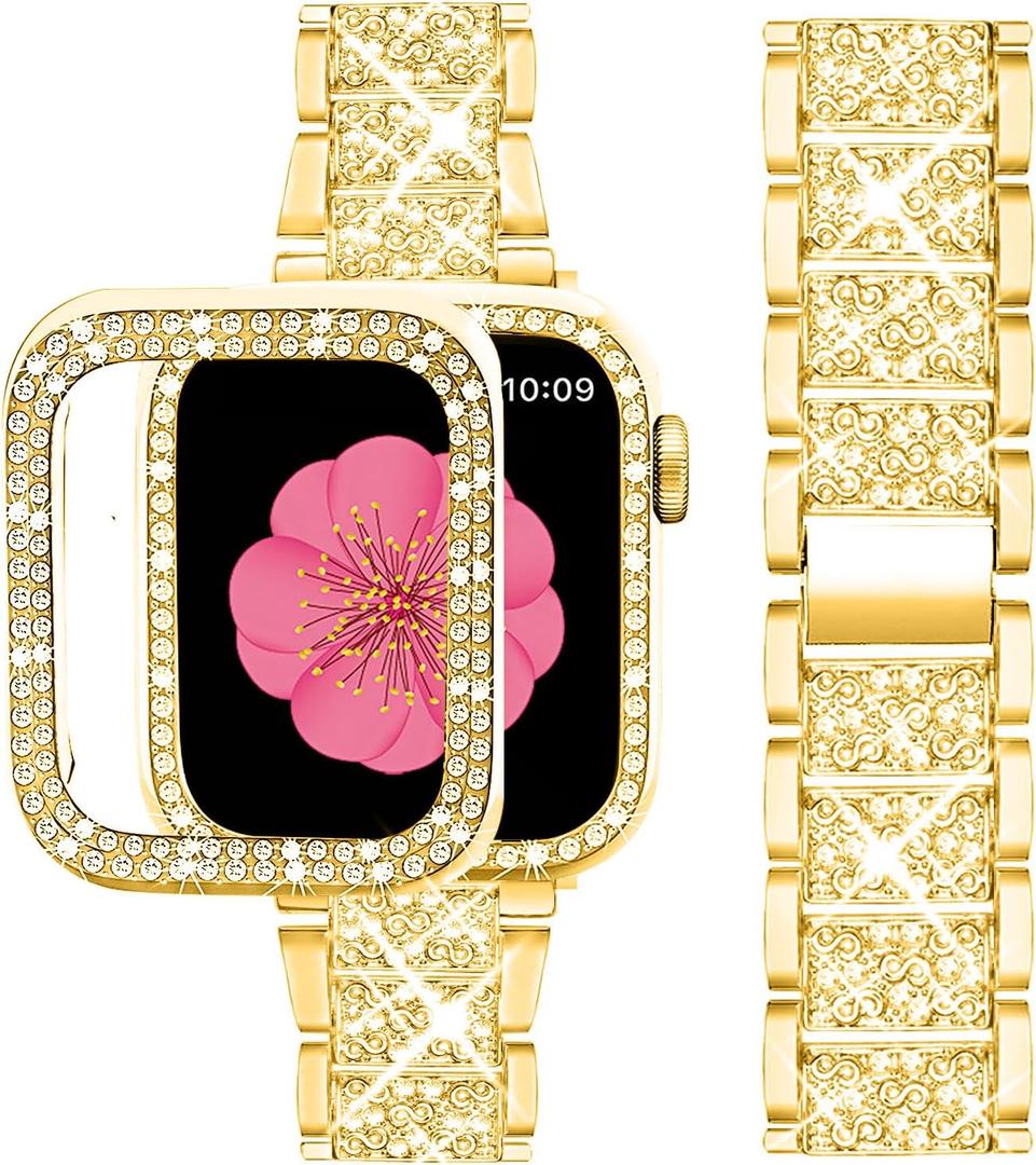 SUPOIX Compatible with Apple Watch Band 38mm + Case, Women Jewelry Bling Diamond Metal Bands & 2 Pack Protective Cover Cases for iWatch Series 3/2/1(Gold)