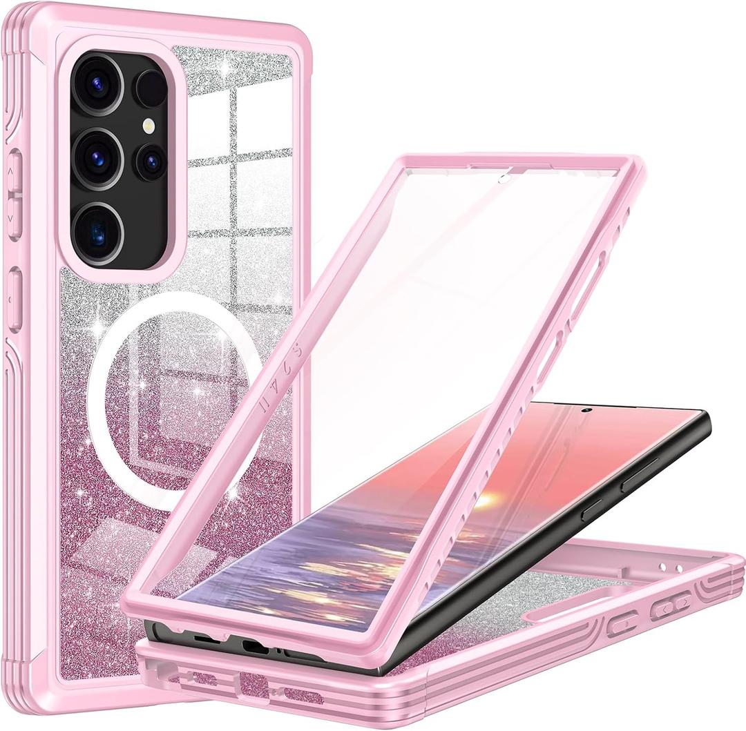 Hekodonk for Samsung Galaxy S24 Ultra Case Glitter,Compatible with MagSafe[Built-in Tempered Glass Screen Protector & Camera Lens Protection] Full Body Shockproof Protective Bling Phone Case,Pink