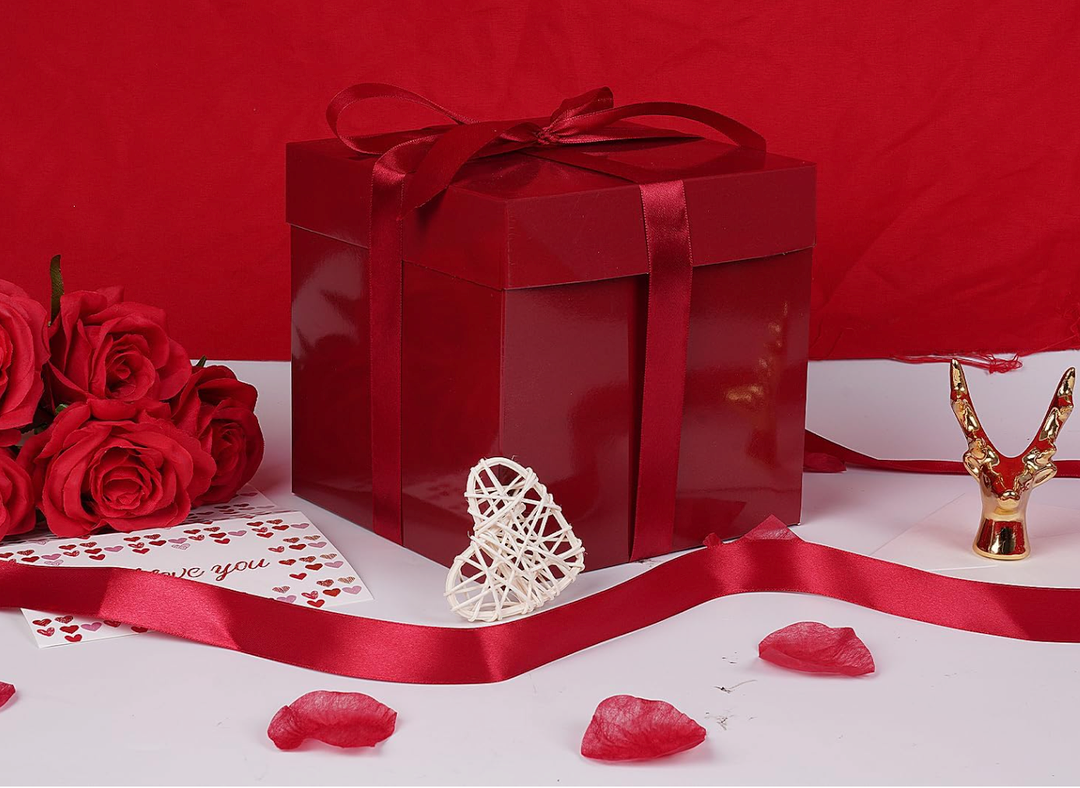 Jaywayang, Red Gift Boxes with Lids, Ribbons, and Tissue Papers Square Gift Boxes - 7.1 Inch - Christmas Presents Wrapping, Valentine's Day Decoration Party Favor Boxes.