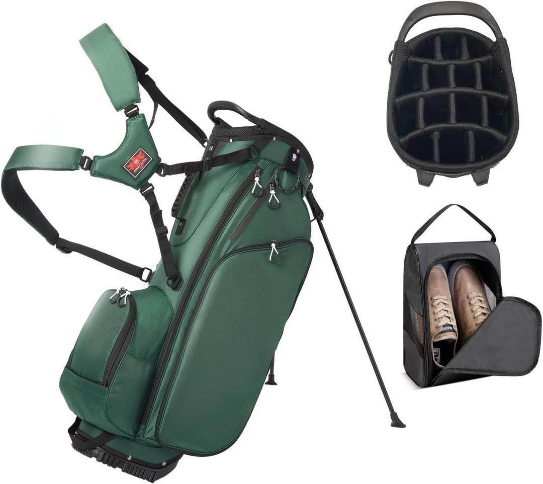 Lightweight Golf Stand Bag with 14 Way Full-Length Dividers, 7 Zippered Pockets and Rain Cover, with Handles and Dual Strap (Green)