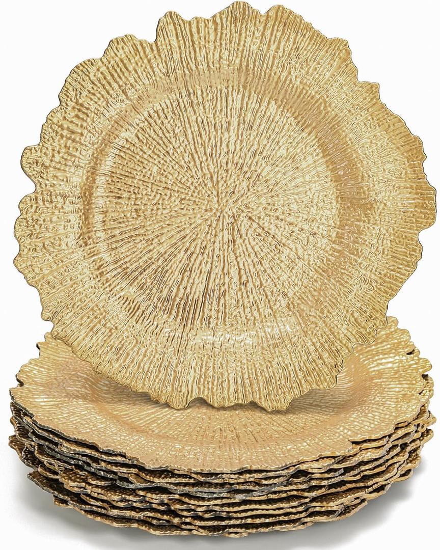 WUWEOT 12 Pack Gold Charger Plates, 13" Round Plastic Reef Plate Chargers with Flora Reef Design for Wedding Dinner Party Decoration