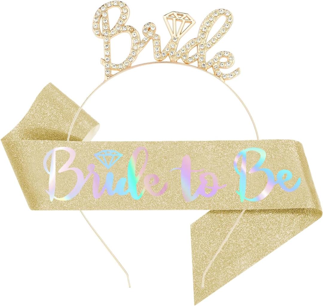 Bachelorette Party Decorations Bridal Shower Headband, Bride to Be, Crown Bride with Glitter Sash for Women Bachelorette Party Gifts, Bachelorette Party Supplies, Gifts, Favors (GOLD)