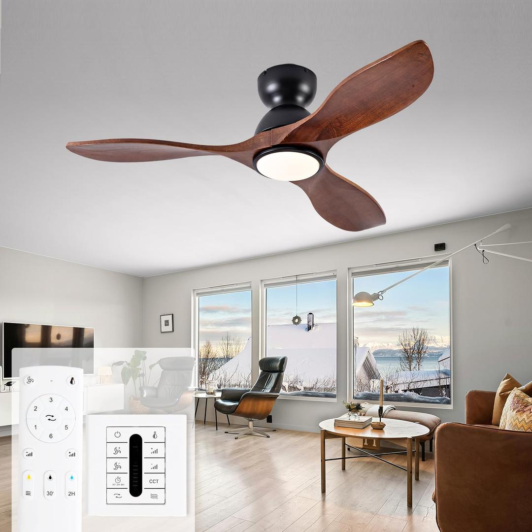 Ceversa 42 Inch Low Profile Ceiling Fans with Lights and Remote, Flush Mount 3 Blade Wood Ceiling Fan,Dimmable,Quiet Noiseless for Patios,Living Room,Bedroom(Wall Control Switch)