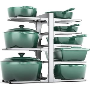 MUDEELA 8-Tier Pots and Pans Organizer under Cabinet, 15.83" Height Heavy Duty Pot Pan Organizer Kitchen Cabinet Organization and Storage, Adjustable Pot Rack for Frying Pan, Cast Iron Skillet, Sliver