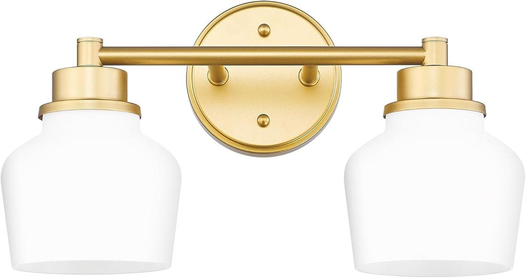 Emak Modern Gold Bathroom Light Fixtures, 2-Light Vanity Lights with Milk Glass Shade for Bathroom, Mirror, VL122-GD-ML-2