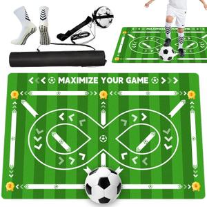 Soccer Training Mat, non-slip footwork training mat for improving ball control and footwork training. 35.5*23.5″, suitable for all ages. Comes with a storage bag, training socks, and Soccer Return Trainer Net.