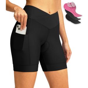 Women's Bike Shorts 4D Padded Cycling Shorts Crossover Waist Biking Shorts with Pockets Bicycle Riding (Black, L)
